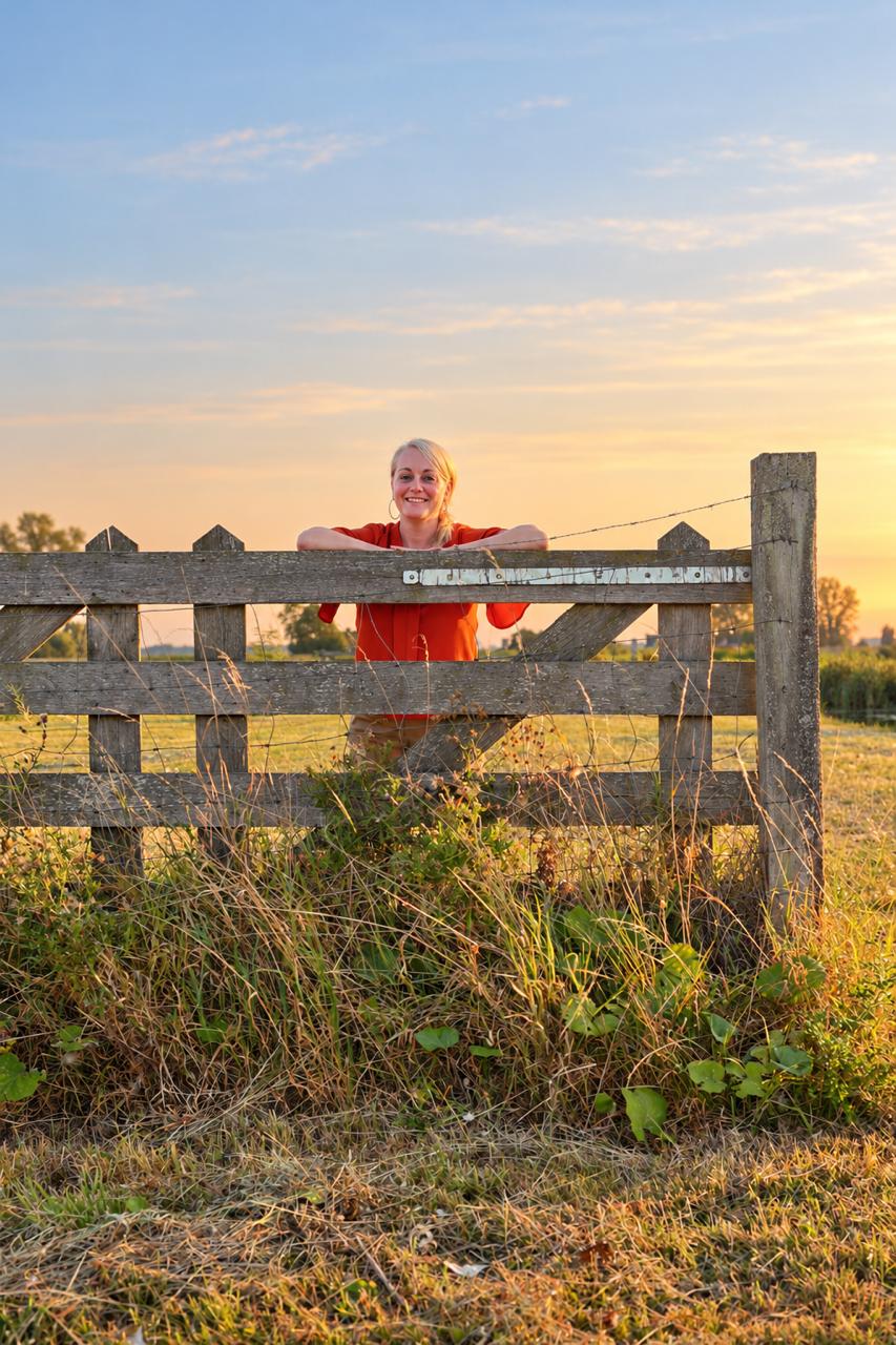 Marlies Fijan staand achter een houten hek in de polder bij avondlicht